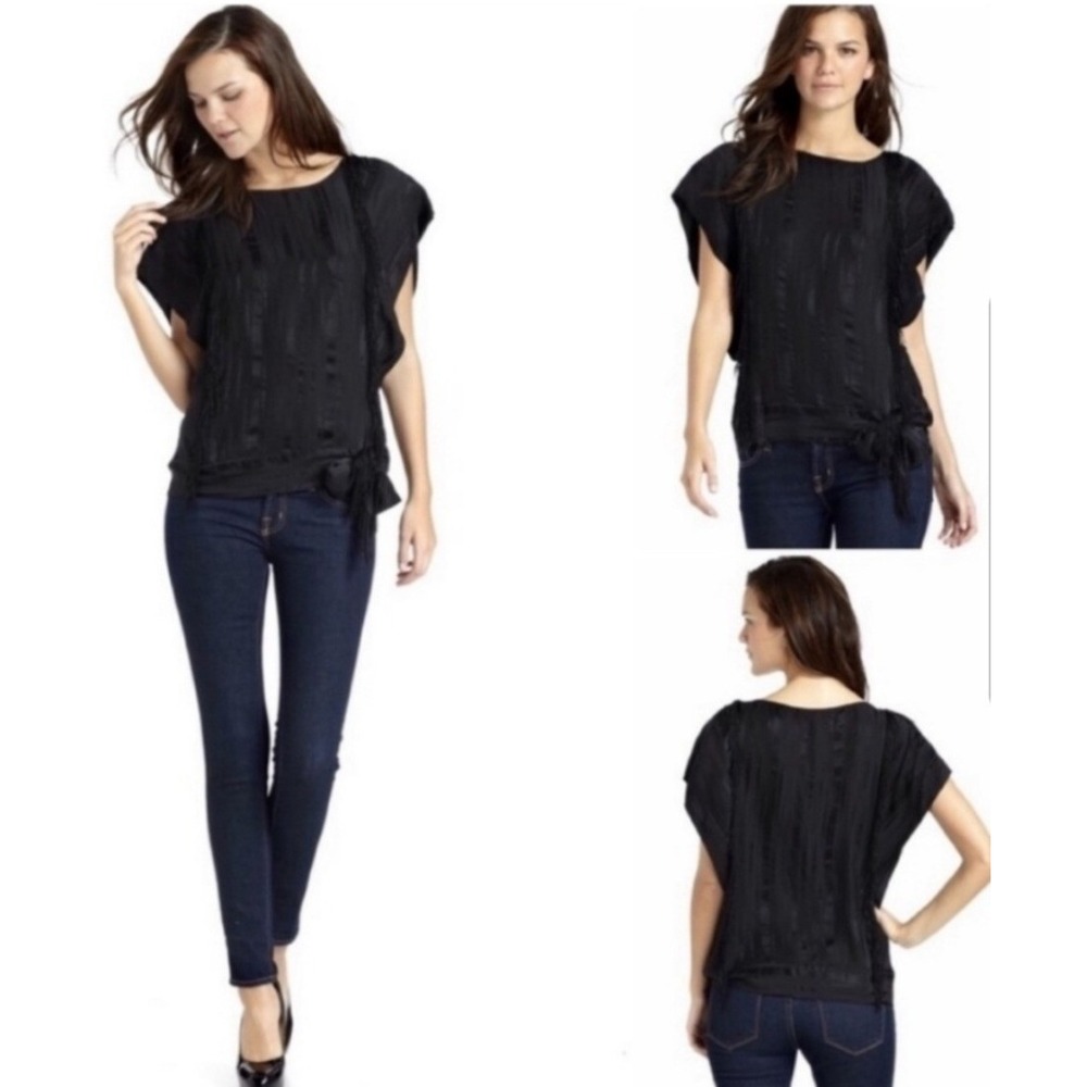 BCBGMAXAZRIA 100% Silk Blouse Medium Black Fringe Bohemian Chic Quiet Luxury